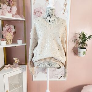Beige V-neck Women's Sweater with Silver Sequins, Size M